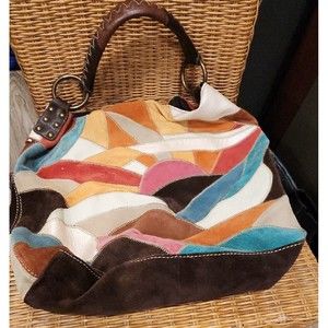 LUCKY WOMENS LEATHER PURSE BAG TOTE SUEDE PATCHWORK HOBO SUNRISE SUNSET HIPPY